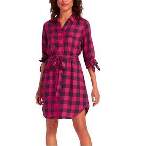 Draper James Buffalo Check Long Sleeve Button Down Tie Shirt Dress Pink Blue 10‎
